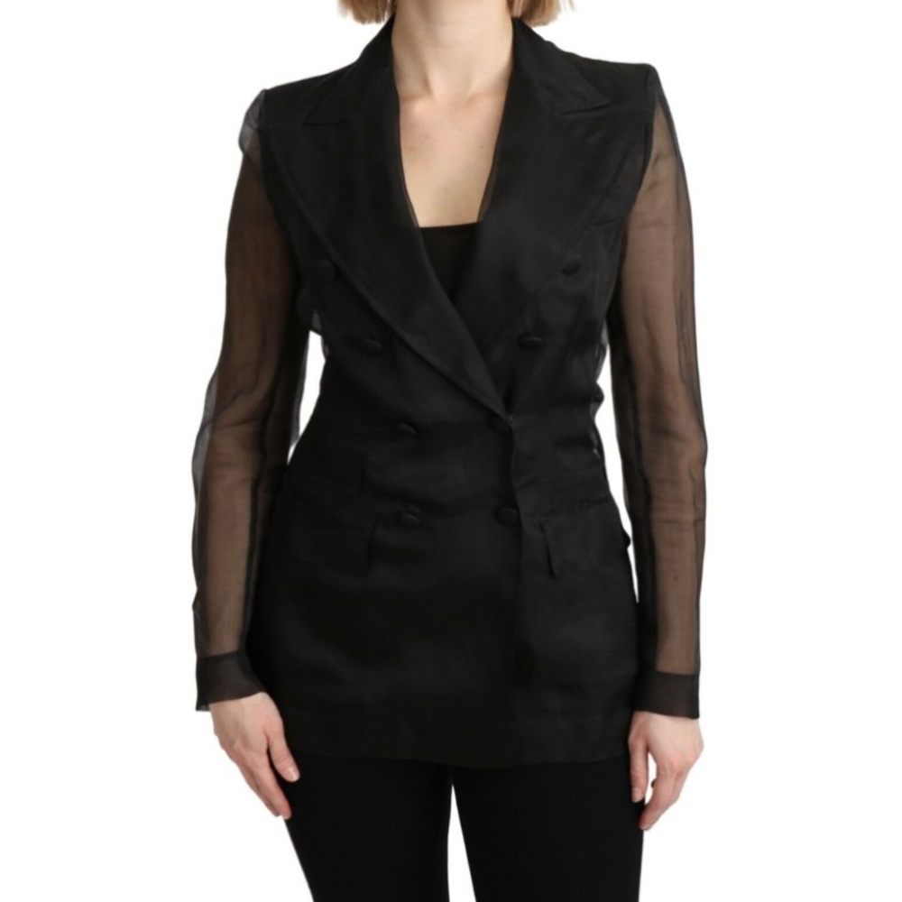 DOLCE & GABBANA Jacket 100% Silk Black Double Breasted Blazer IT38/XS